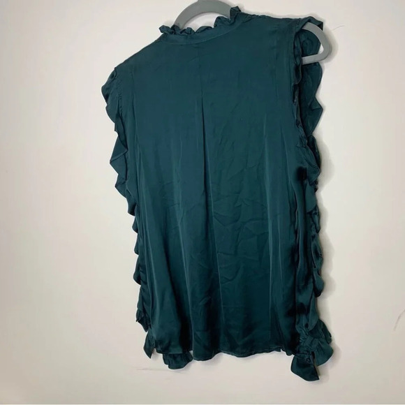 7 For All Mankind Green Satiny Cold Shoulder Ruffle Button Front Blouse Size XS - Picture 5 of 12